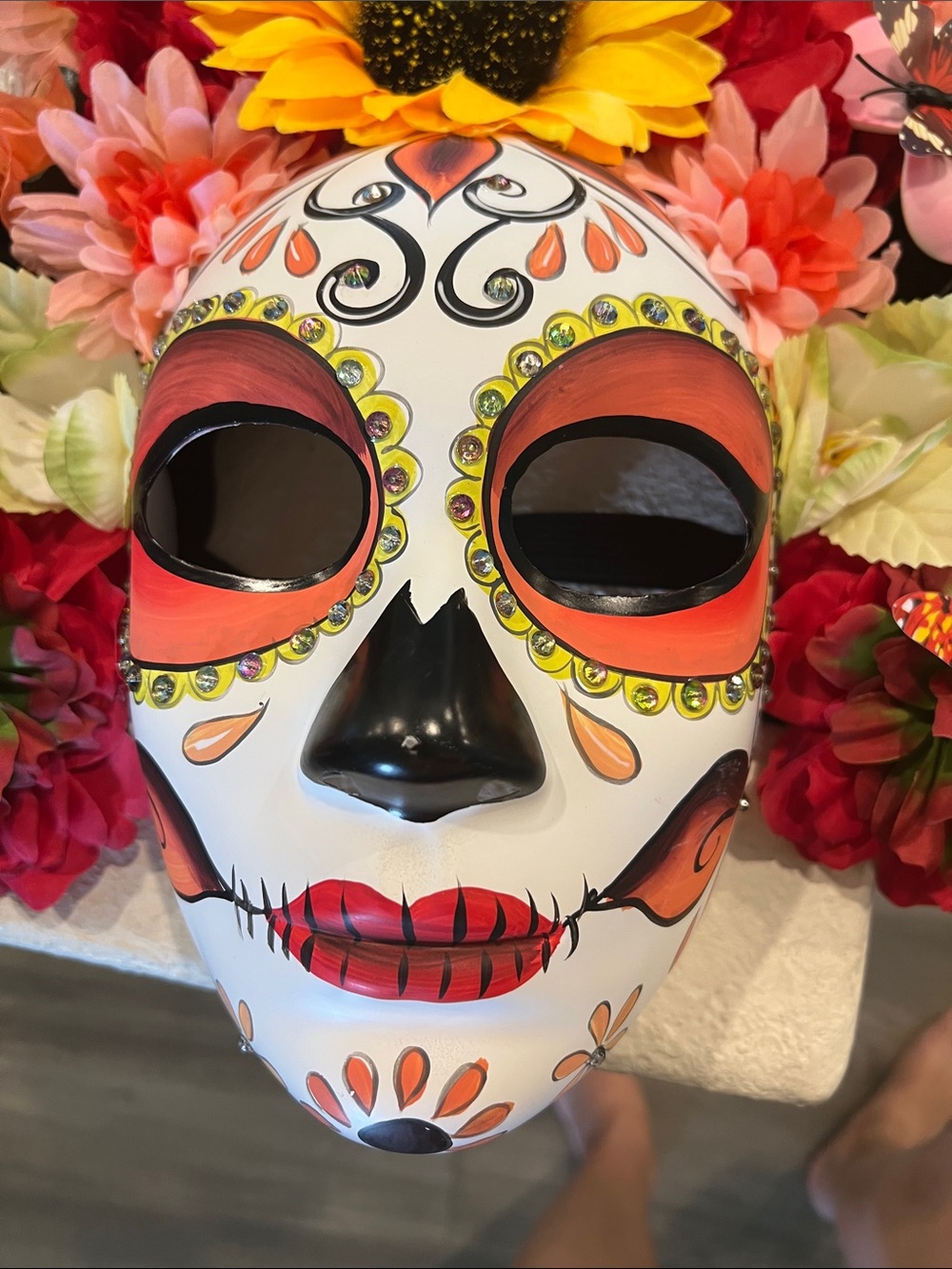 Handpainted Sugar Skull Carnival Mask with Floral Crown - Picture 3 of 3